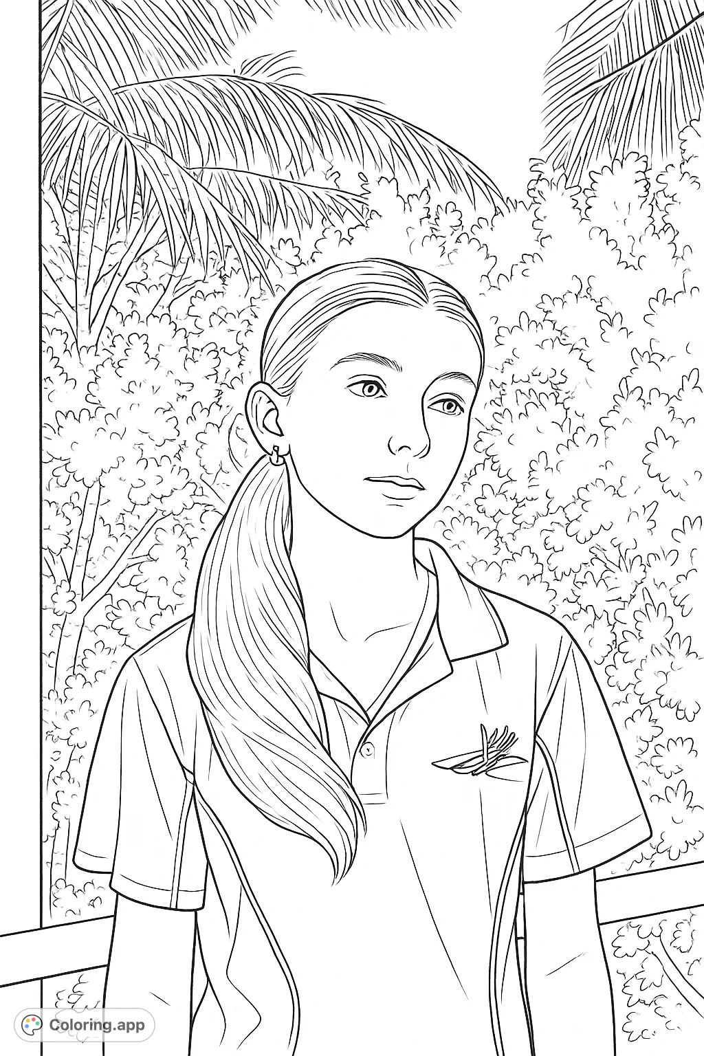 Capture the serene moment of a young person amidst lush tropical foliage. This detailed coloring page offers a peaceful scene for creative expression.
