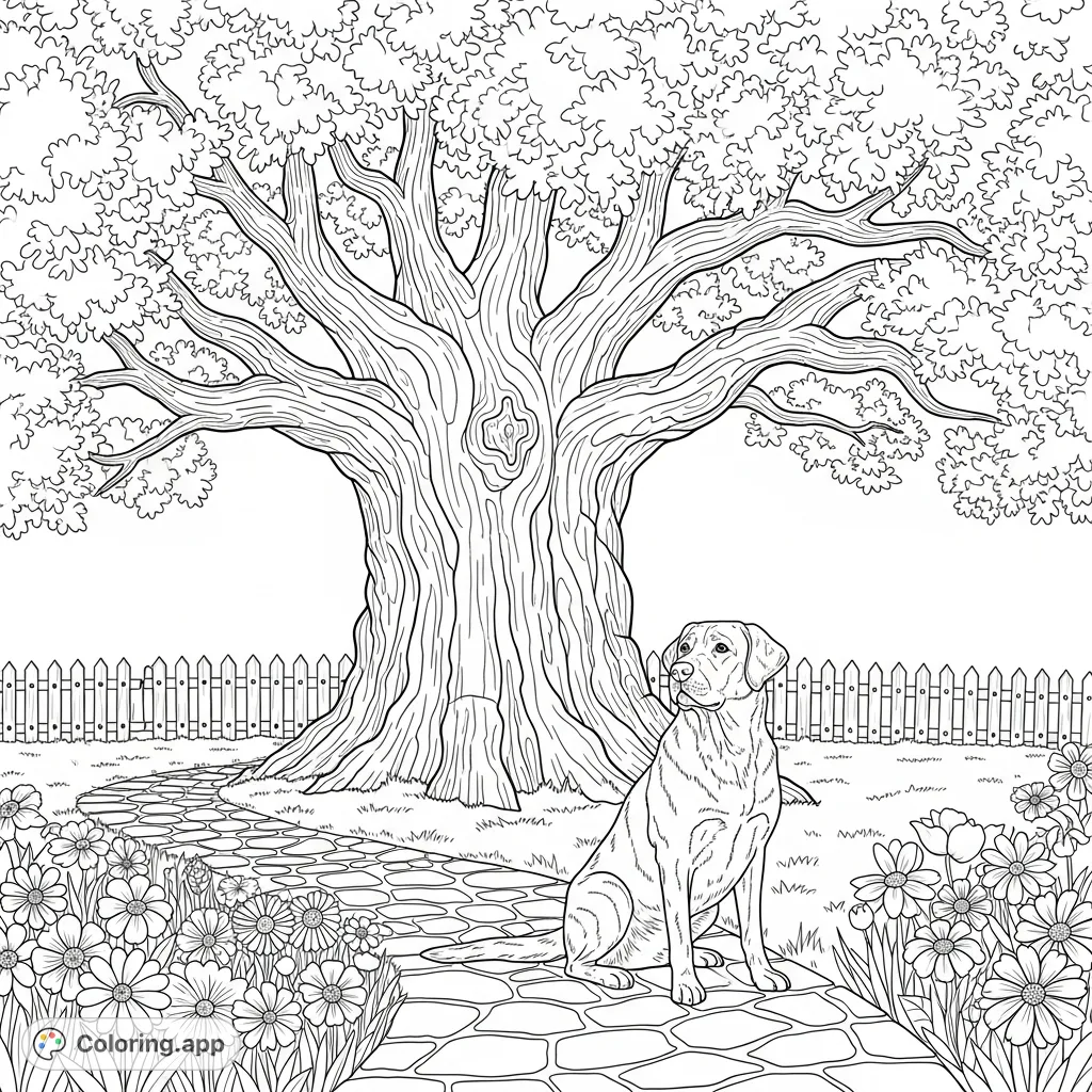 A charming garden scene featuring a majestic oak tree and a friendly Labrador Retriever. Explore a winding path, blooming flowers, and a rustic fence.
