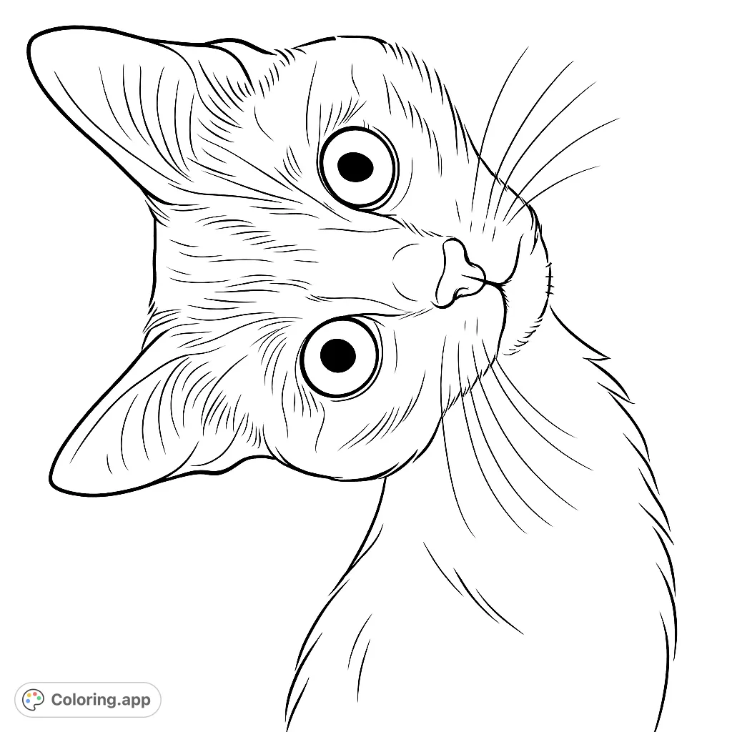 A charming close-up of a curious cat's tilted head, perfect for a relaxing coloring session. Expressive eyes and soft fur await your creative touch.