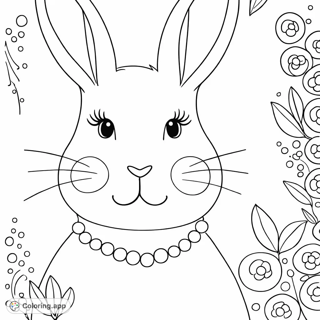 A delightful bunny character featuring a beaded necklace and surrounded by decorative floral elements, perfect for a cheerful coloring experience.