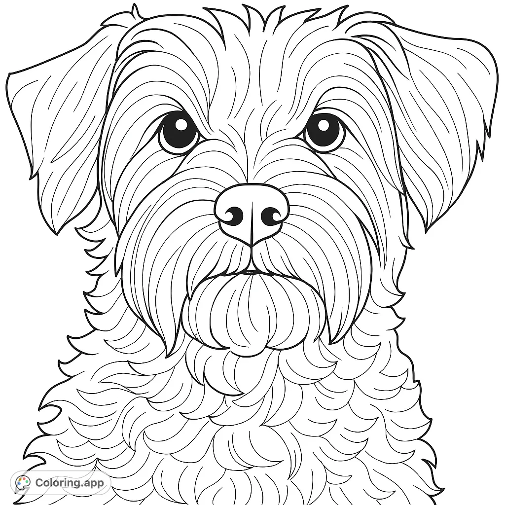 A highly detailed dog portrait coloring page, featuring intricate fur textures and expressive eyes, perfect for pet lovers and advanced colorists.