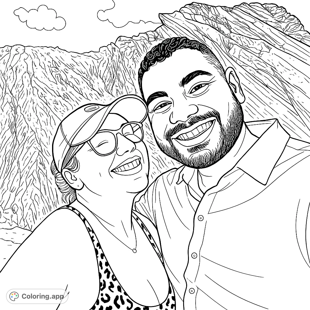 A joyful couple poses against a dramatic rock formation and open sky, perfect for a personalized beach couple coloring page.