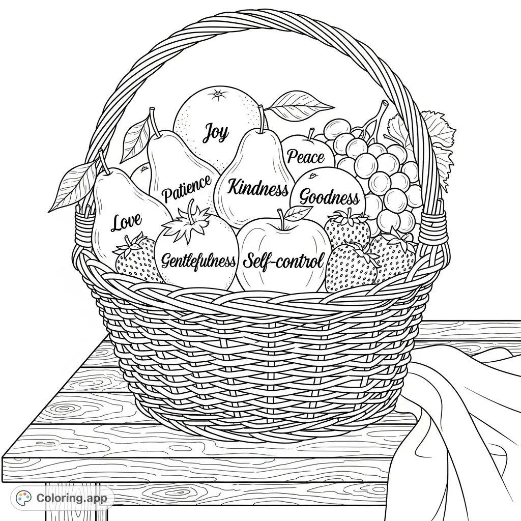 An overflowing wicker basket filled with various fruits, each bearing a word like "love" or "joy," resting on a rustic table with a linen cloth.