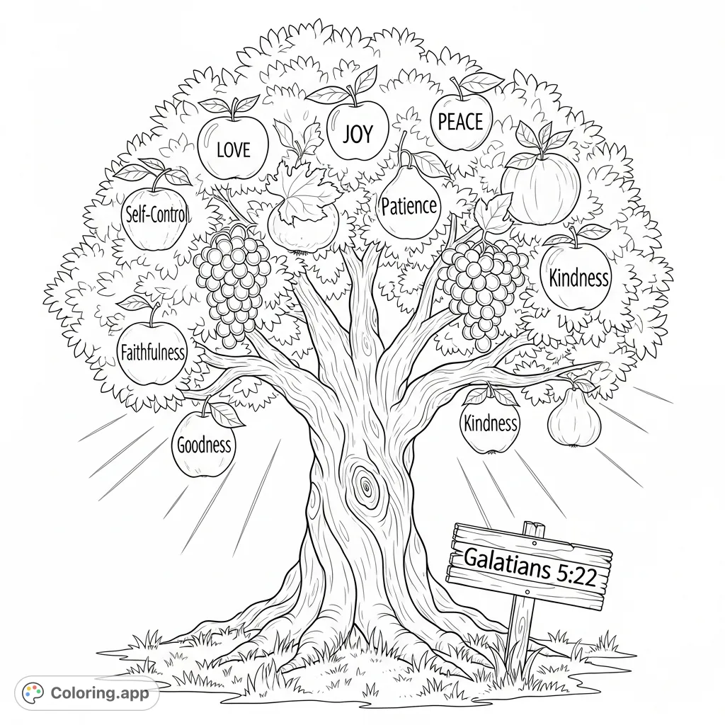 Discover a majestic, gnarled fruit tree laden with symbolic fruits, each bearing a virtue. A serene scene for reflection and creative coloring.