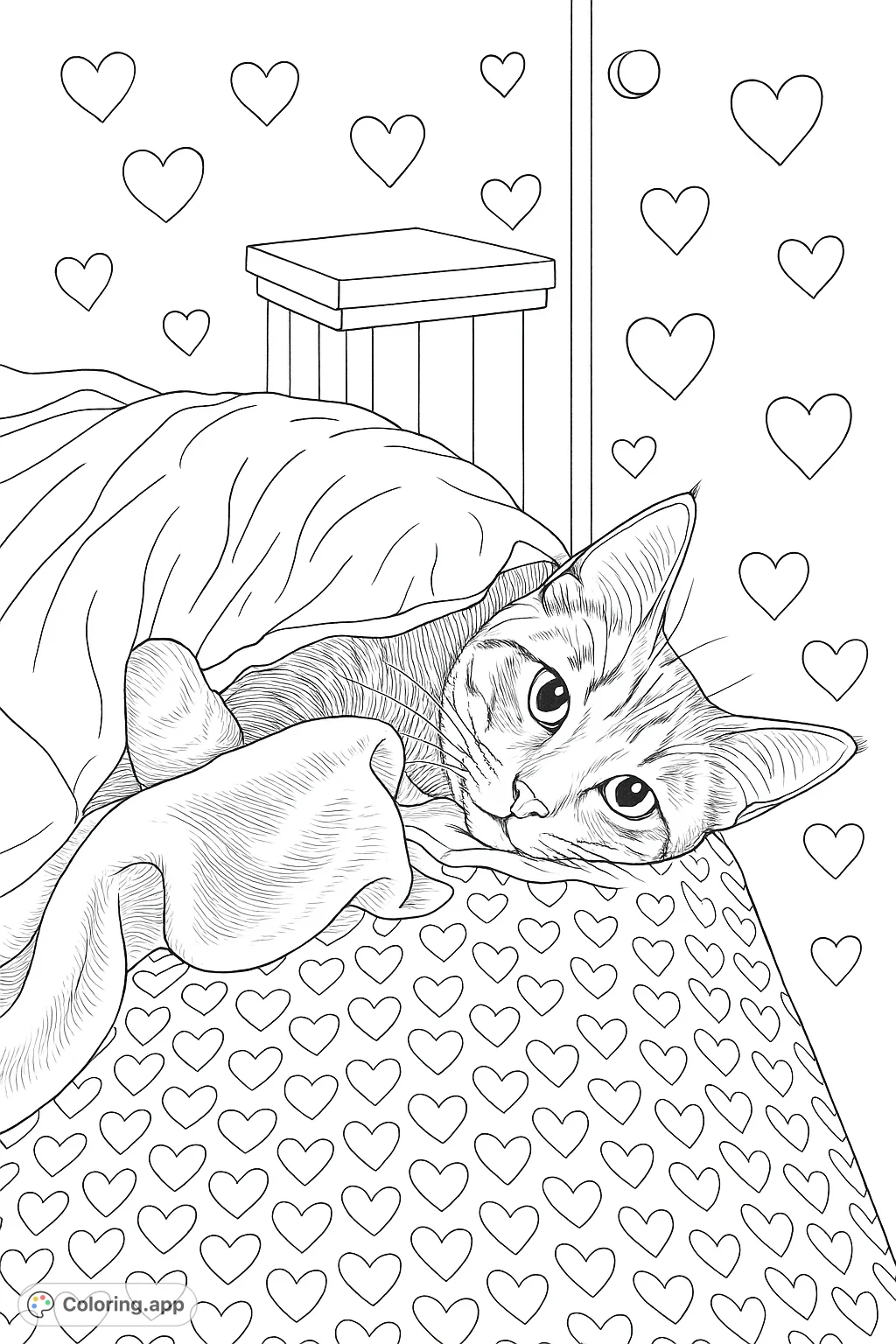 A charming cat rests peacefully on a patterned surface, surrounded by soft blankets and subtle heart patterns. A delightful and realistic cat coloring page for all ages.