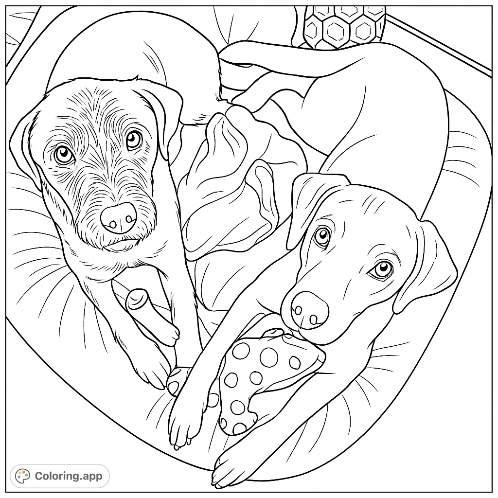 Two adorable dogs relax together on a comfy bed with their favorite toys, looking up with expressive eyes. A heartwarming scene for animal lovers.