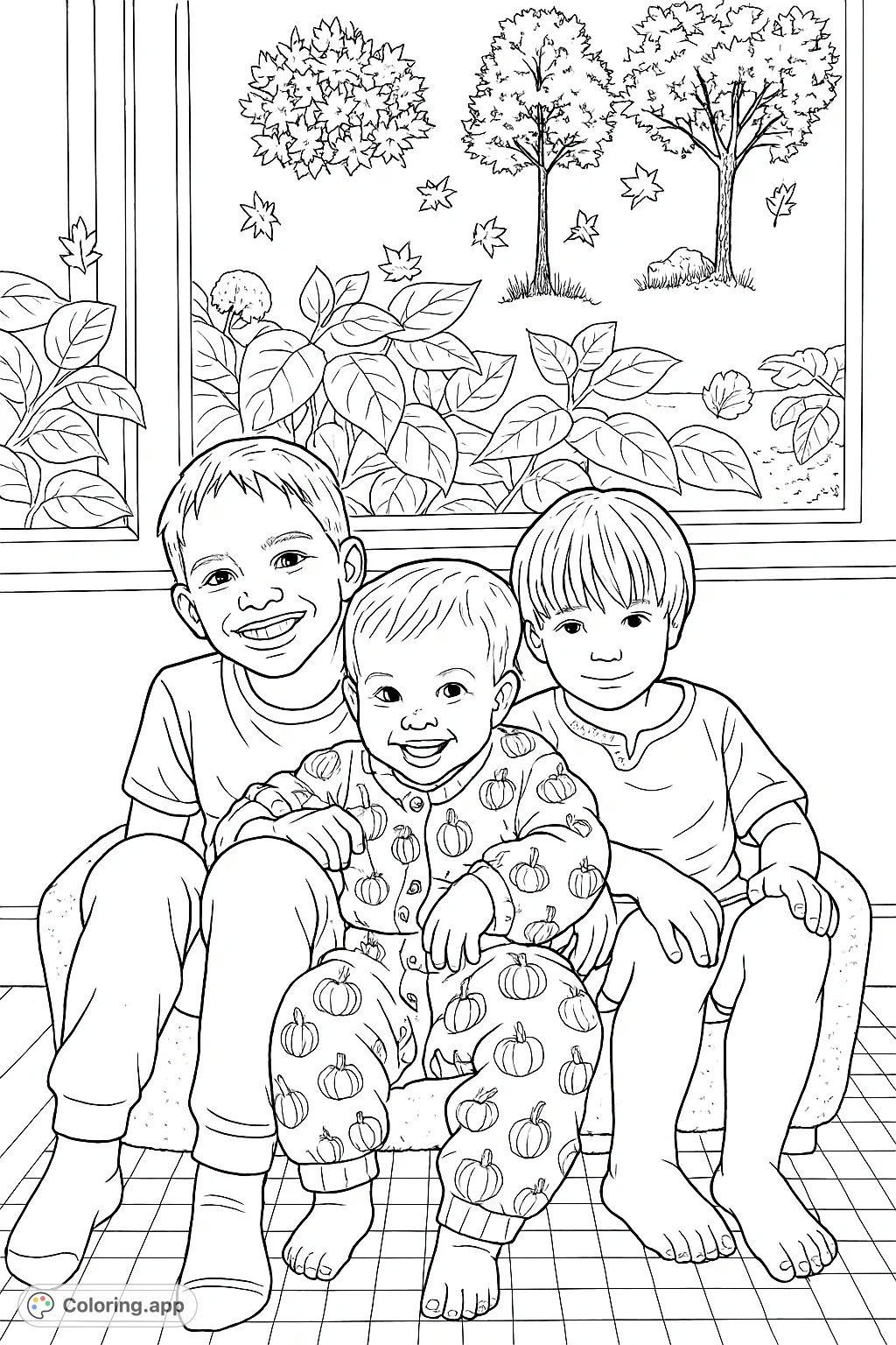A heartwarming coloring page featuring three smiling children seated together, with autumn-themed window decorations and outdoor foliage in the background.