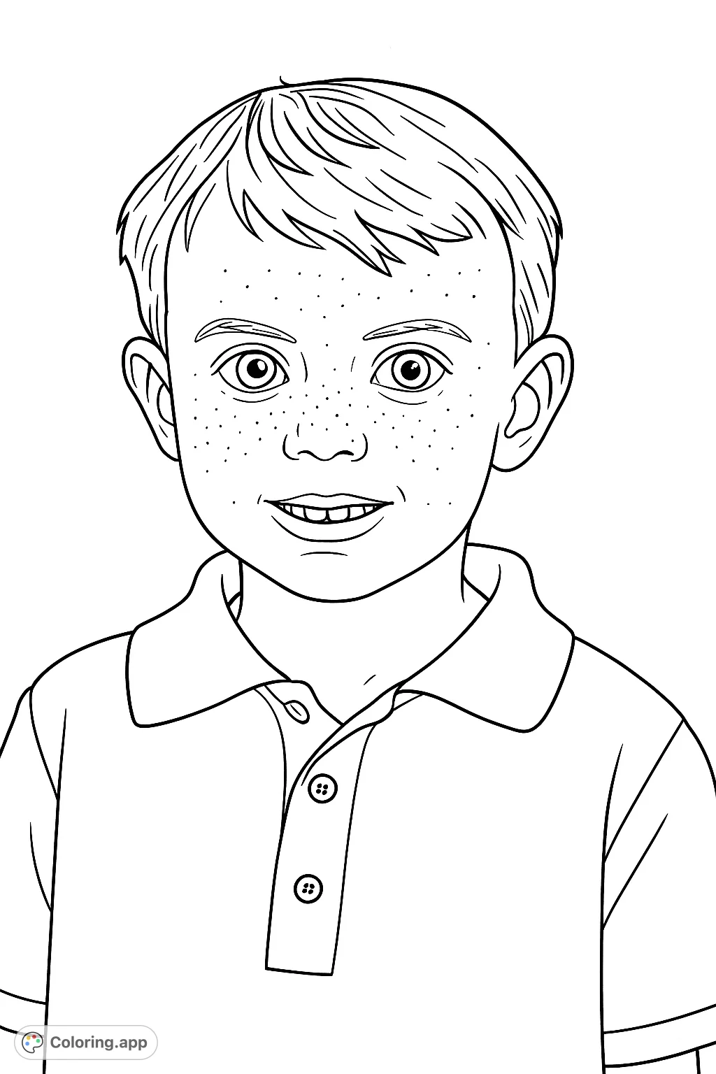 A charming portrait of a young boy with a gentle smile, featuring freckles and a collared shirt, perfect for a personalized coloring experience.