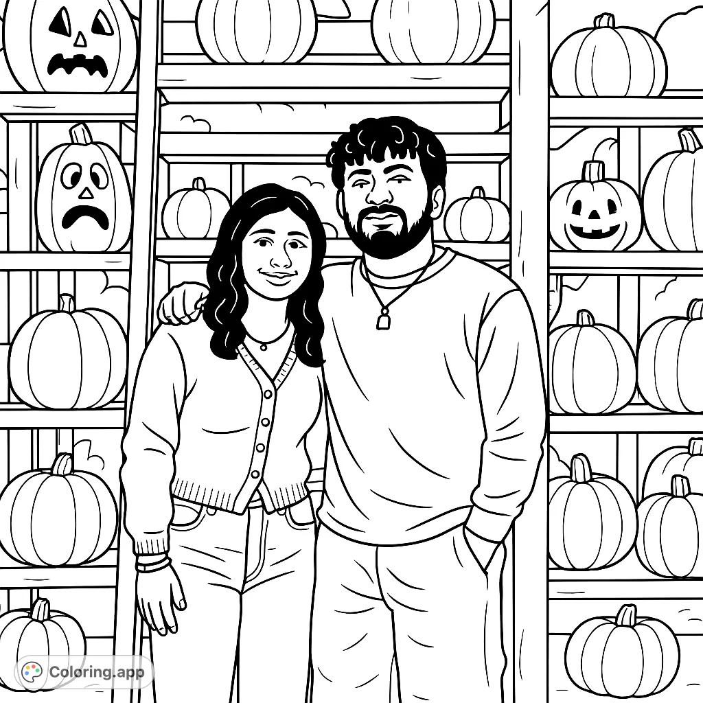 A delightful cartoony pumpkin patch scene featuring two smiling individuals surrounded by a festive display of gourds. Perfect for autumn fun and creative expression.