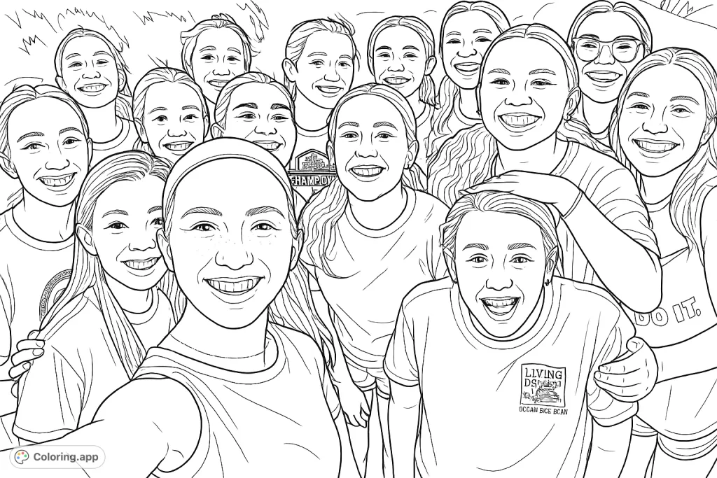 Capture the joy of friendship with this detailed group portrait coloring page. Many smiling faces in a close-knit outdoor scene await your creative touch.