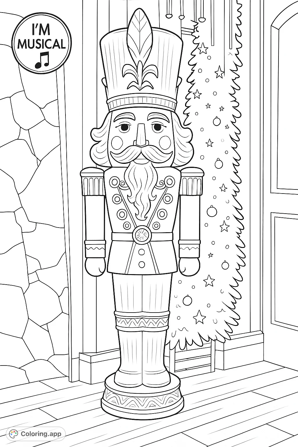 Color a majestic nutcracker figure, standing tall with intricate uniform details and a festive garland background, perfect for holiday cheer and creative expression.