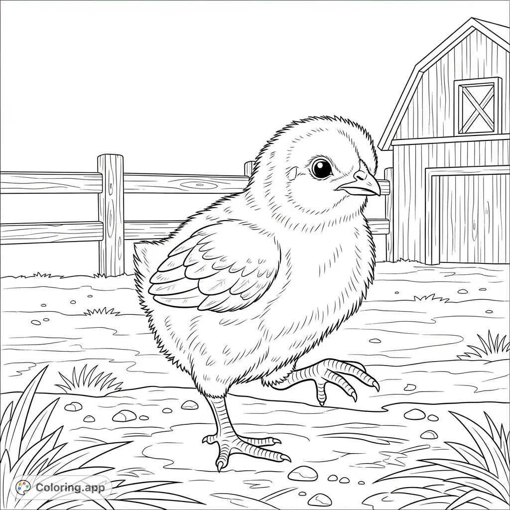 A charming baby chick with one leg lifted, exploring a rustic farm setting with a wooden fence and barn. Perfect for a delightful farm animal coloring page.