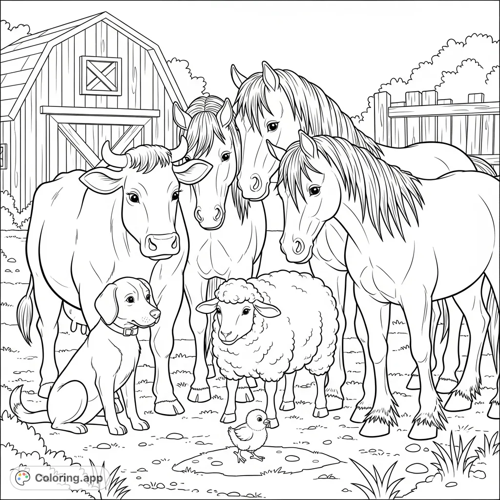 A charming farmyard scene featuring a cow, sheep, two horses, and a dog observing a tiny chick. Rich textures and detailed animals make this a delightful farm animals coloring page.