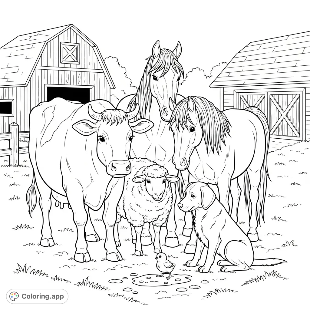 A charming farmyard scene featuring a cow, sheep, two horses, and a dog observing a tiny chick. Perfect for animal lovers of all ages.
