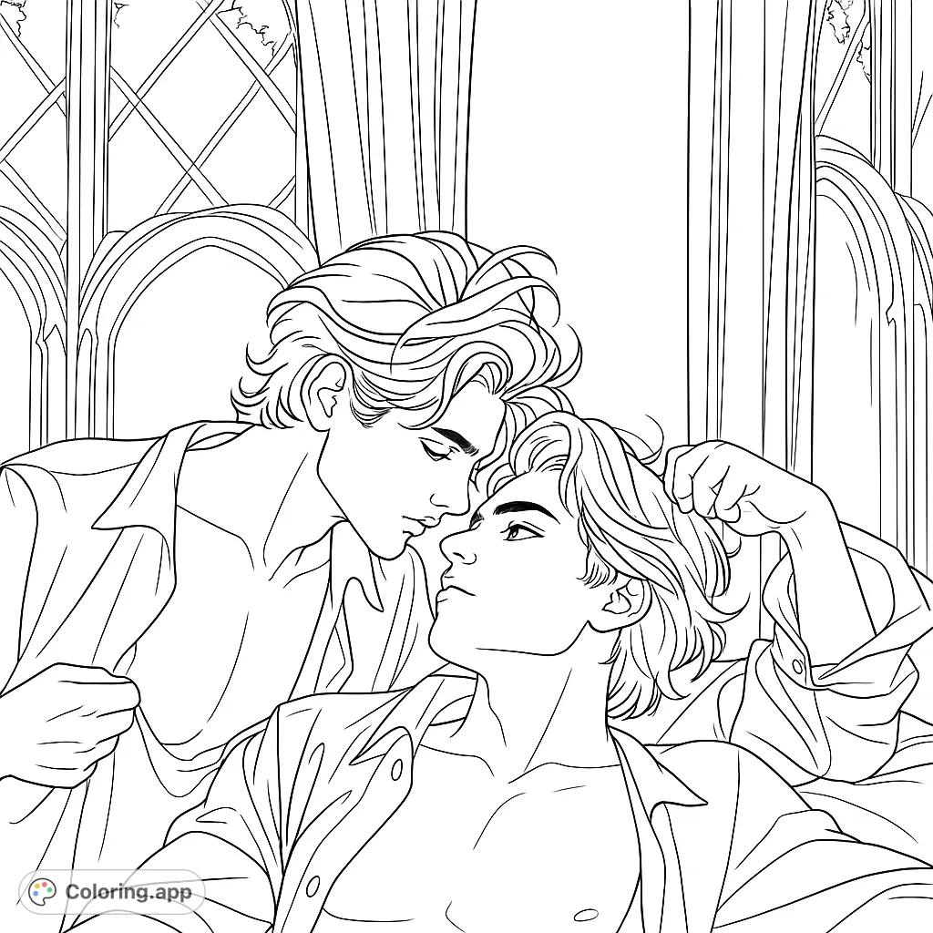 An intimate scene featuring two young men in a tender embrace, set against a backdrop of arched windows and flowing curtains. Perfect for romantic themes.