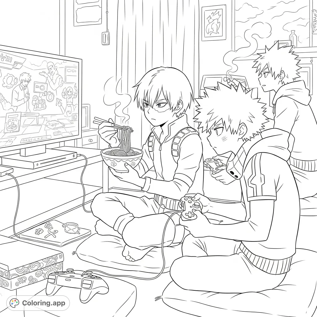Join Shoto Todoroki enjoying soba while Bakugo and Kirishima battle it out on a video game. A dynamic scene for My Hero Academia fans!