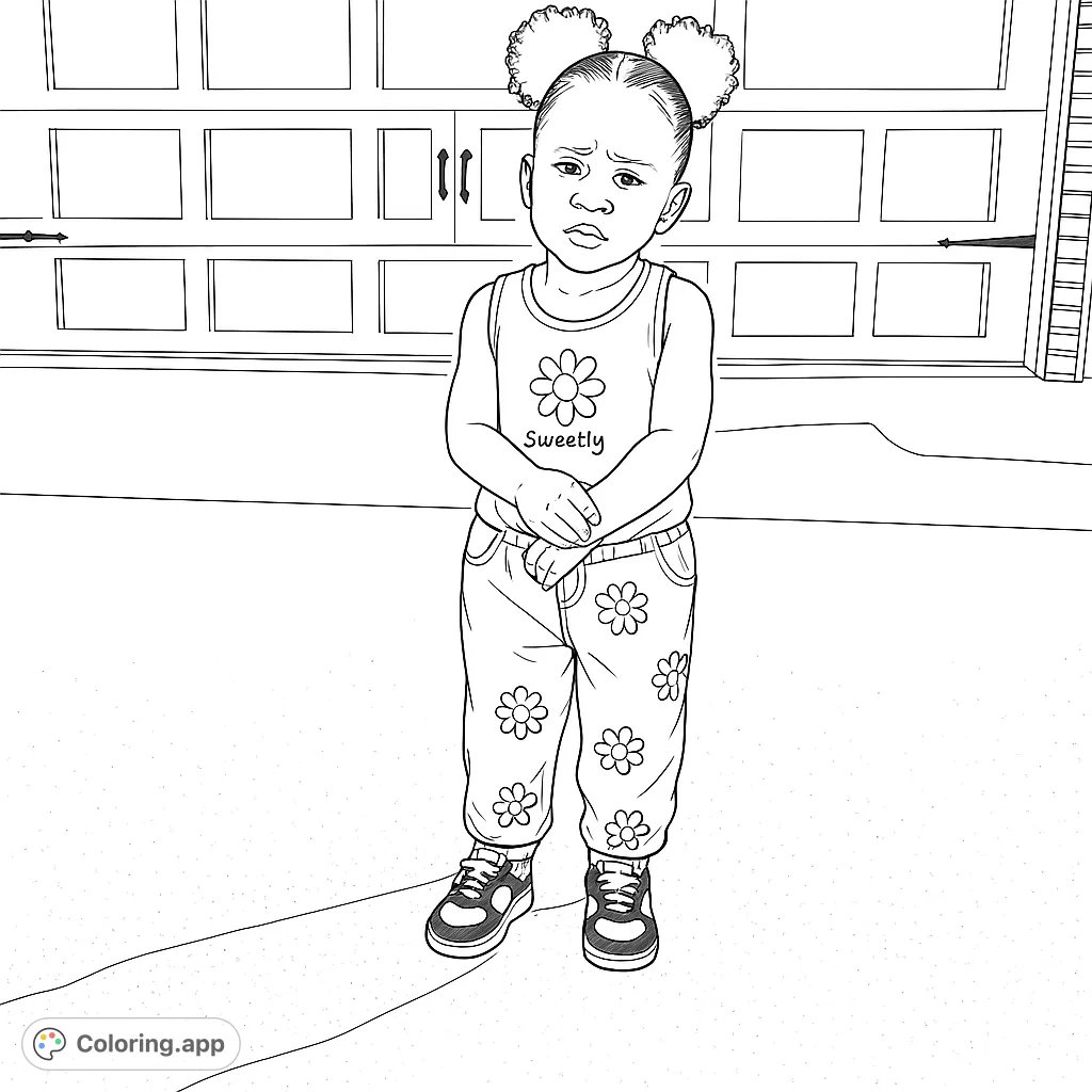A delightful coloring page featuring a sweet child with two pigtails, wearing a top and pants adorned with charming daisy patterns, standing before a garage.