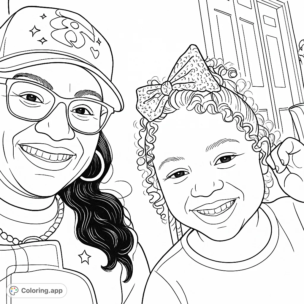 Capture the heartwarming bond between an adult and a child, both sharing radiant smiles. Features curly hair, a decorative bow, and a stylish cap.
