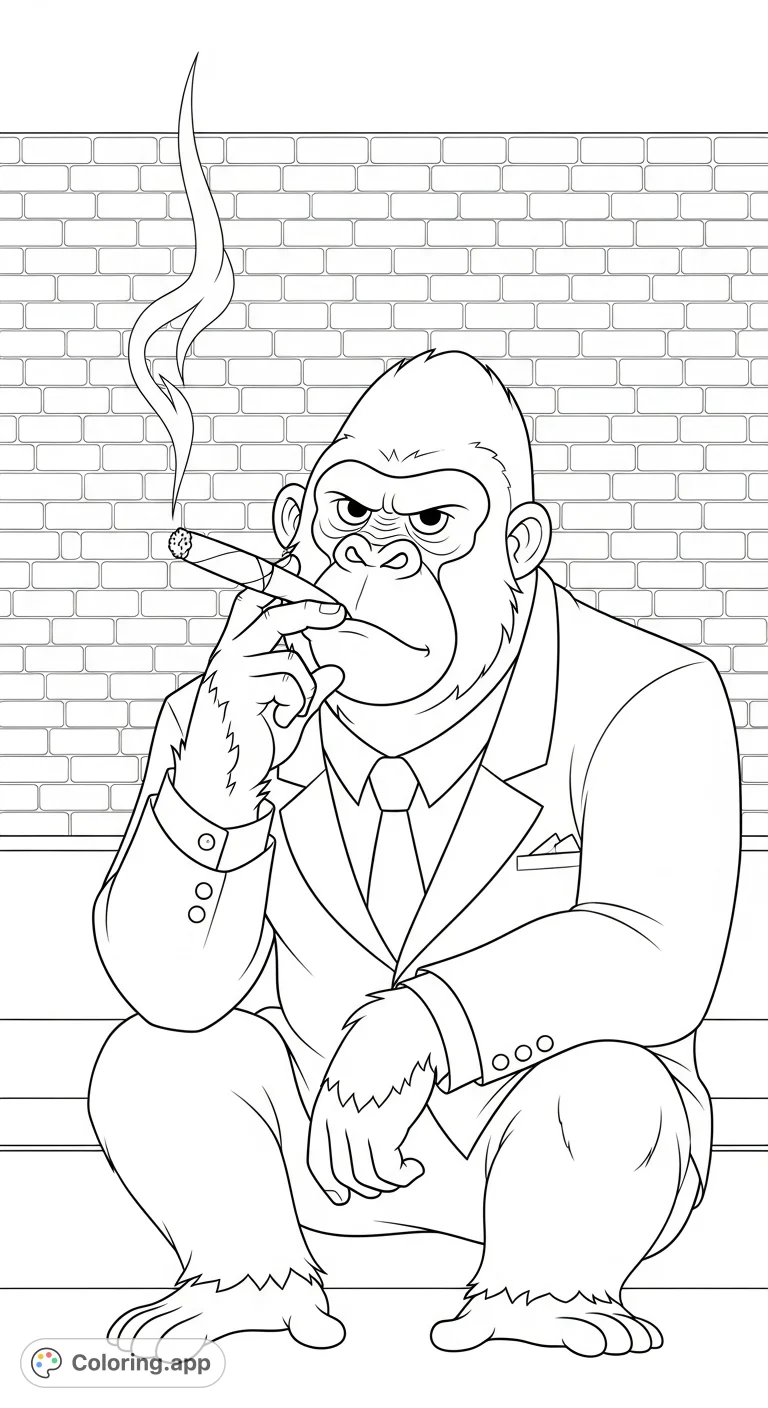 A cool gangster gorilla sits, enjoying a smoke against a detailed brick building. This unique and edgy coloring page offers a challenging and rewarding experience for adults.