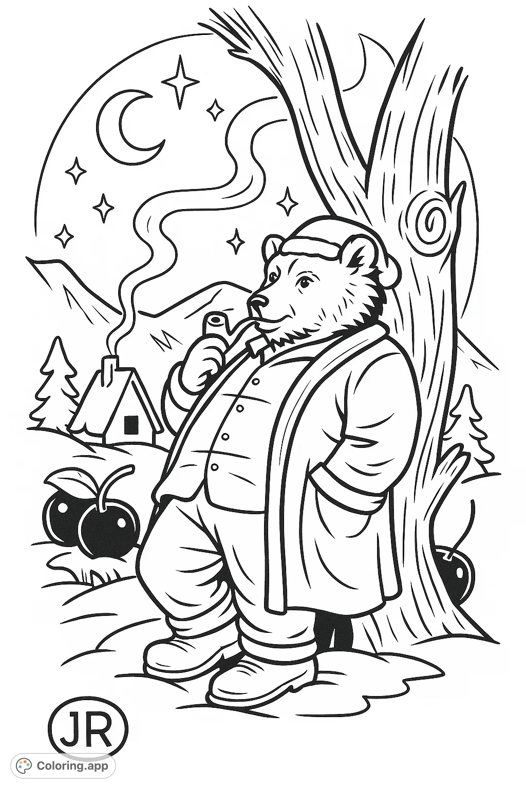 A charming bear character enjoys a pipe in a serene winter landscape, complete with snowy mountains, a cozy cabin, and ripe cherries under a starry night.