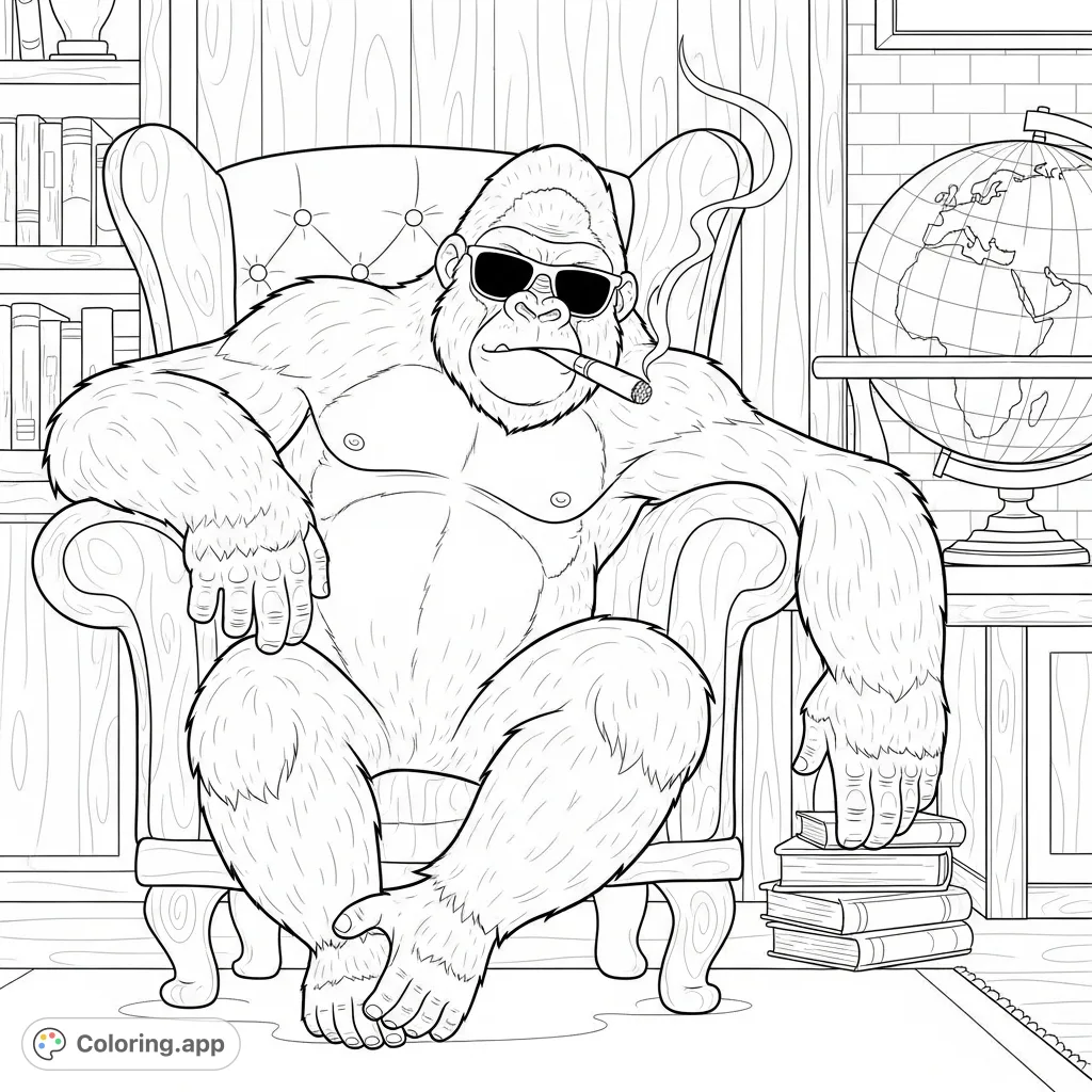Color a formidable gorilla relaxing in a grand armchair, complete with sunglasses and a cigar, set in a detailed, wood-paneled study with a globe and books.