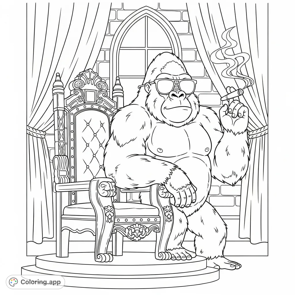 A majestic gorilla in sleek sunglasses, holding a lit cigar, stands beside an ornate velvet throne in a grand chamber. A challenging adult coloring page.