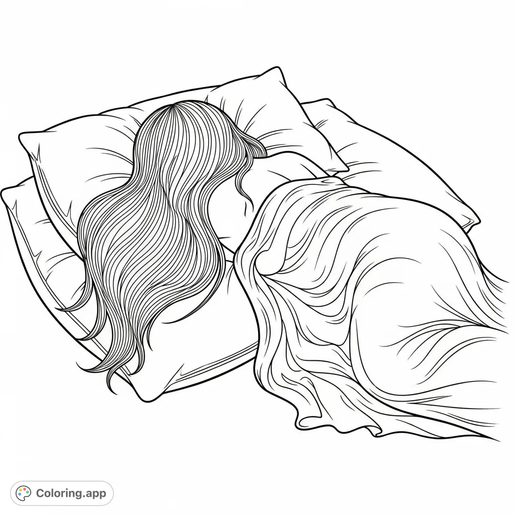 A serene human figure rests peacefully on a soft pillow, partially covered by flowing fabric. A calming scene perfect for mindful coloring and relaxation.