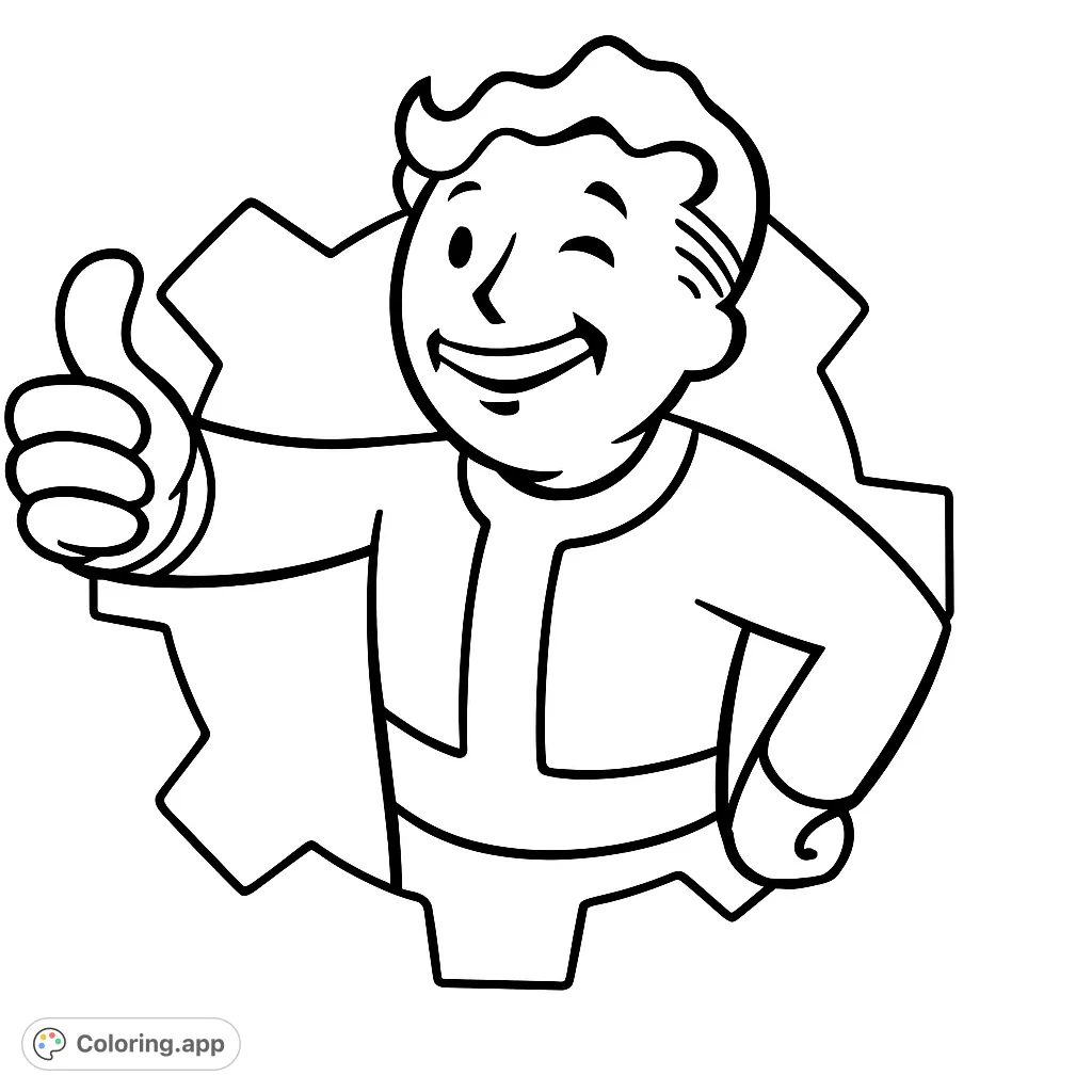 A cheerful Vault Dweller winks and gives a thumbs-up, set against a distinctive gear shape. A fun, iconic character for fans to color and enjoy.