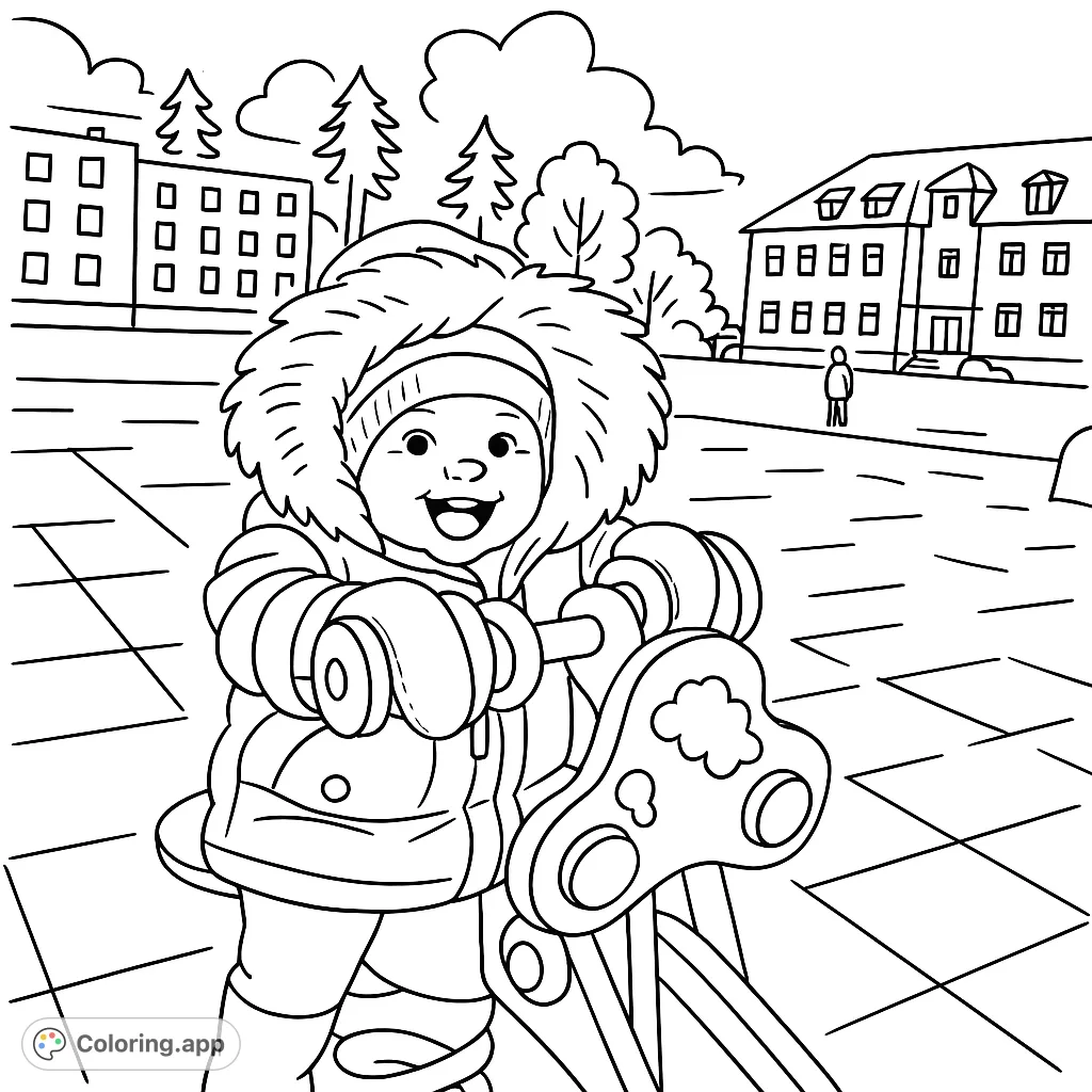 A cheerful baby bundled in a cozy coat, laughing while riding a fun spring toy at the playground. Simple, cartoony design for easy coloring.