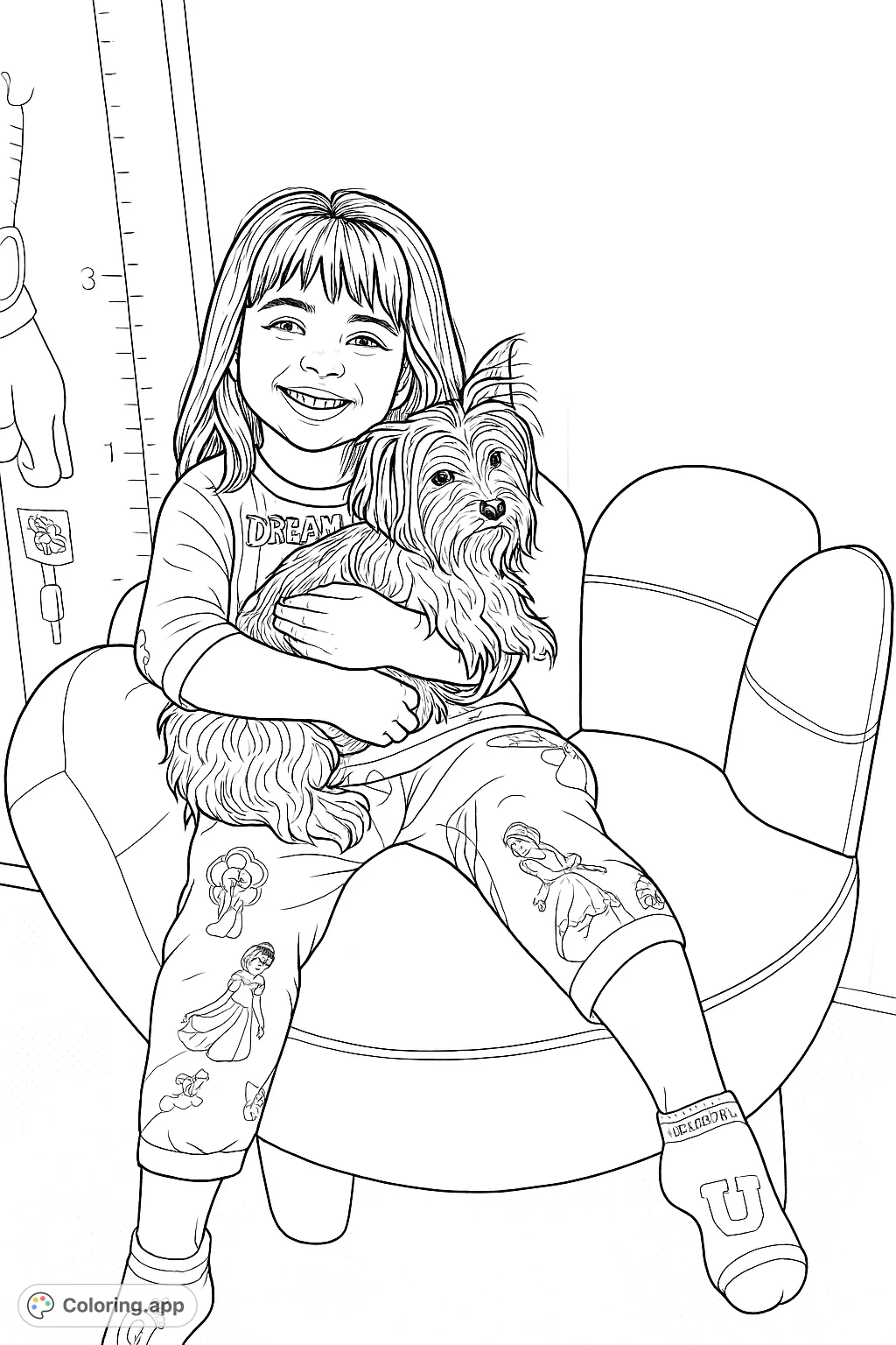 A delightful coloring page featuring a smiling girl cuddling her fluffy dog on a unique, multi-sectioned chair. Perfect for pet lovers and young artists.