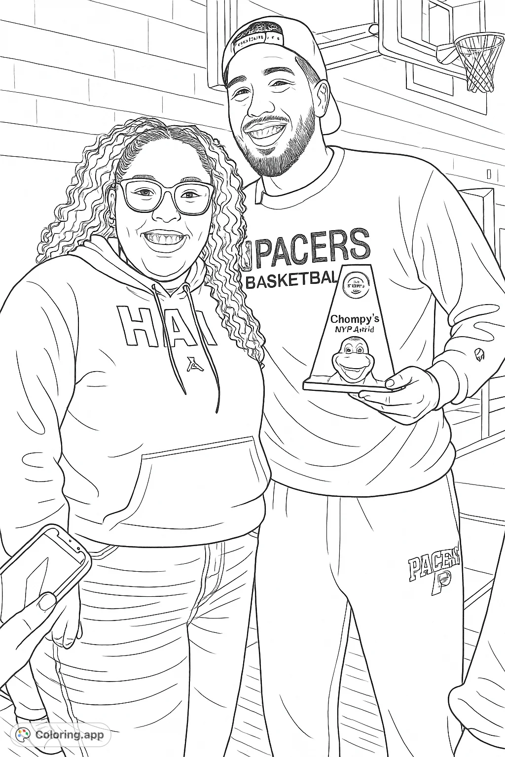 Celebrate achievement with this basketball award coloring page featuring two smiling individuals and a unique trophy. Perfect for sports fans!