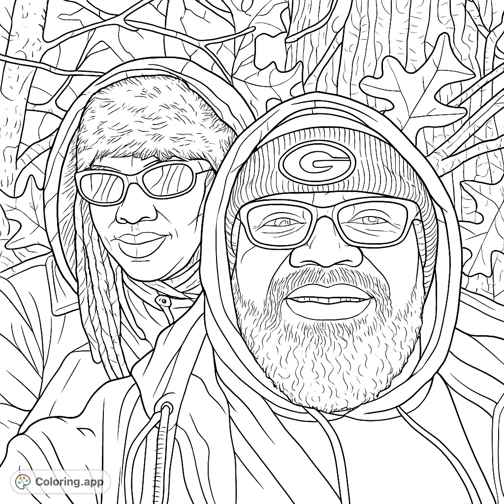 A heartwarming coloring page featuring two bundled-up individuals enjoying the outdoors, set against a natural, textured background. Perfect for a relaxing coloring session.
