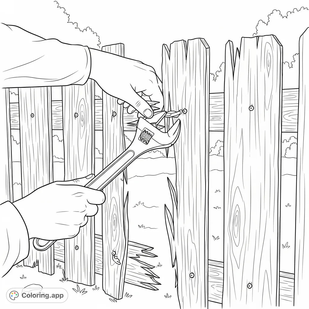 A detailed wrench fixing a broken old wooden fence, perfect for a tools coloring page. Explore textures of weathered wood and mechanical details.