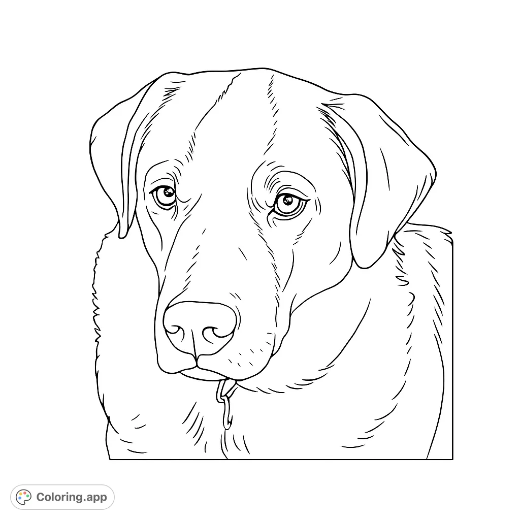 A heartwarming dog portrait coloring page featuring a friendly canine with expressive eyes and distinctive markings. Perfect for animal lovers of all ages.