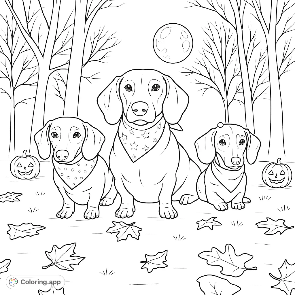 Three adorable dachshunds in festive bandanas pose under a full moon with glowing jack-o'-lanterns and autumn leaves, perfect for a spooky coloring adventure.