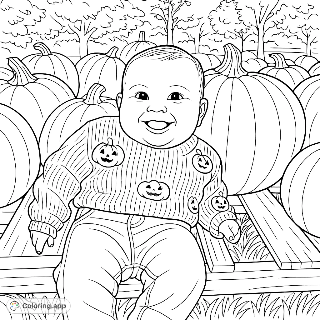 A delightful cartoony baby smiles amidst a bountiful pumpkin patch, wearing a charming sweater with pumpkin designs. A perfect autumn scene for coloring fun!