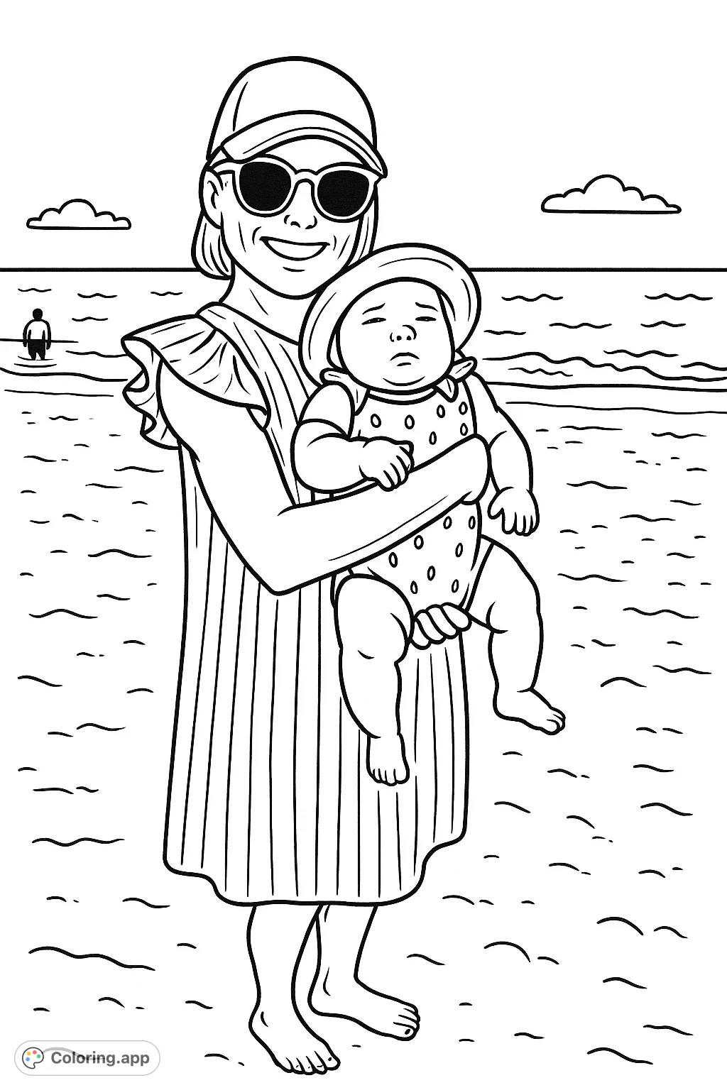 Capture a heartwarming beach scene with an adult holding a baby in a fruit-patterned suit. Perfect for a relaxing coloring experience by the sea.