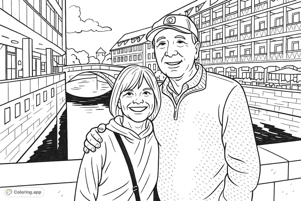 A cheerful couple enjoys a scenic city canal view, featuring historic buildings and charming bridges. A delightful cityscape coloring page for all ages.