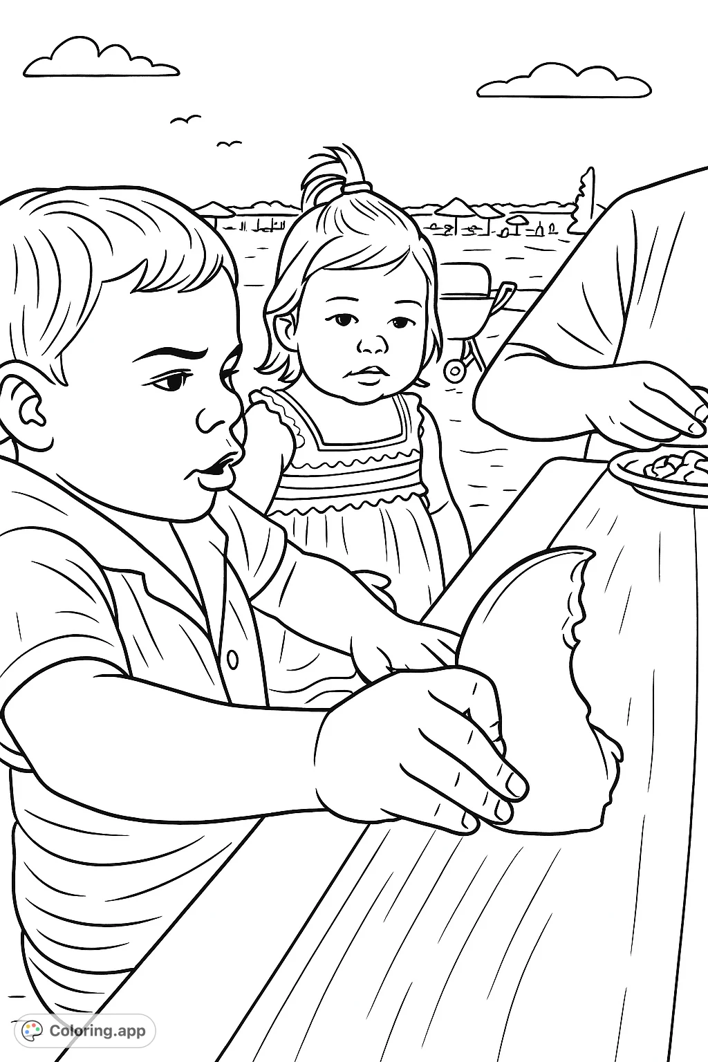 A delightful beach scene featuring two curious children exploring a large lobster claw at a picnic table. Perfect for a fun, cartoony coloring adventure.