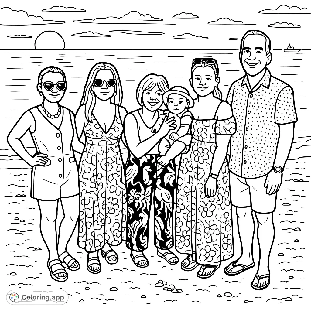 A heartwarming cartoony family beach sunset coloring page, featuring multiple generations and a baby. A free printable activity for all ages to enjoy.