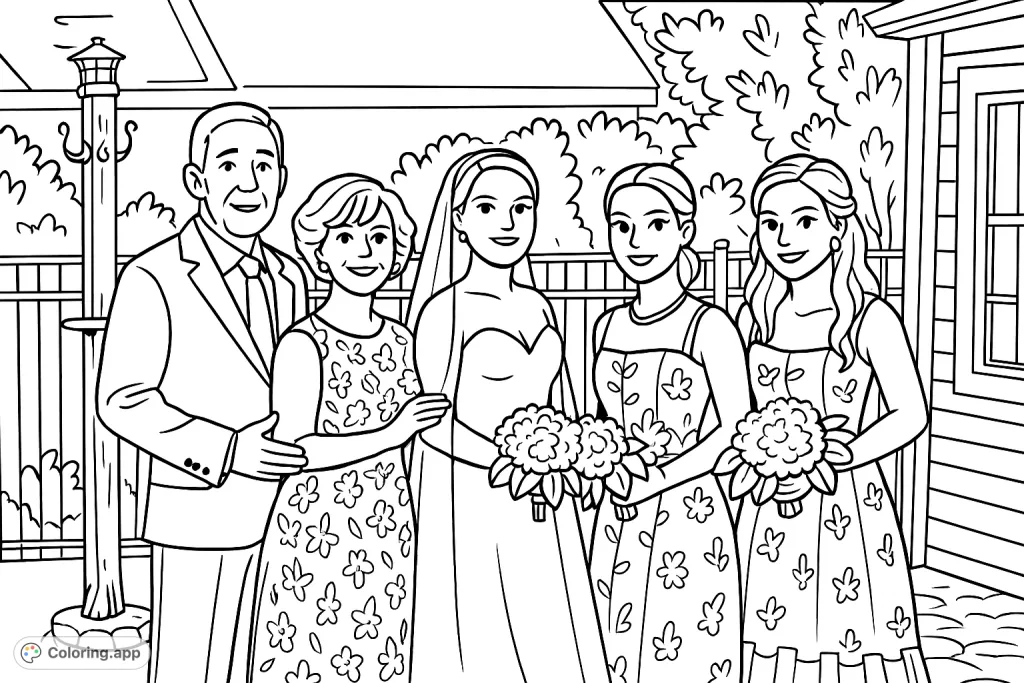 Capture a heartwarming wedding moment with this family portrait coloring page. Features a happy couple, bridesmaids, and parents, perfect for celebrating special bonds.