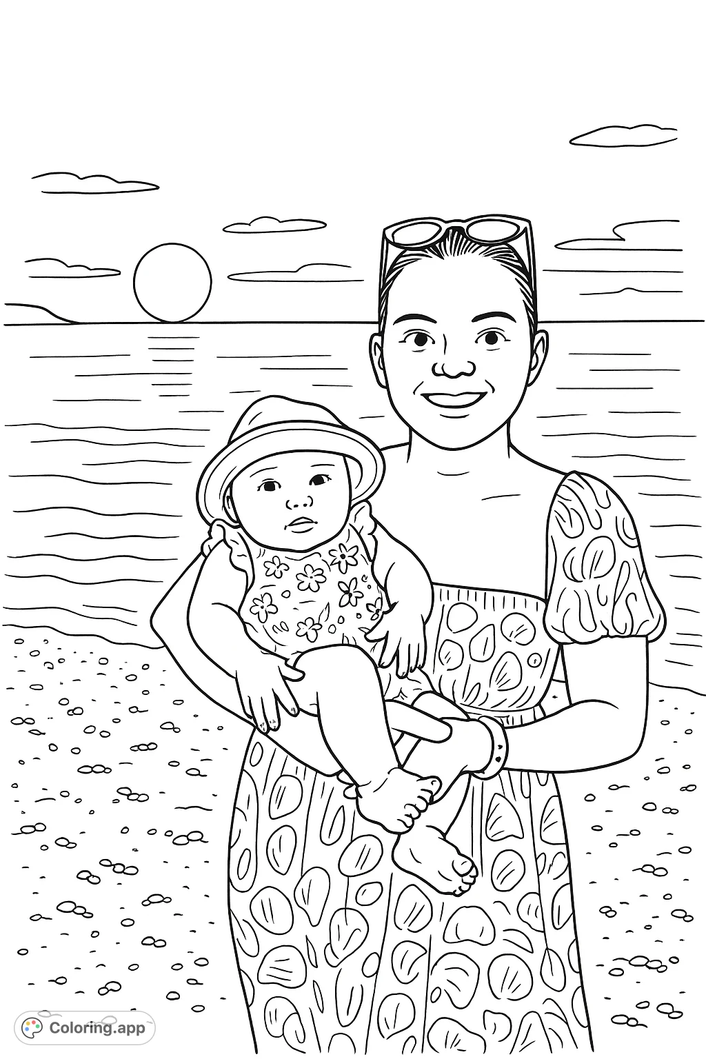 Capture a heartwarming beach scene with a mother holding her baby against a beautiful sunset. This cartoony coloring page offers moderate detail for a delightful experience.