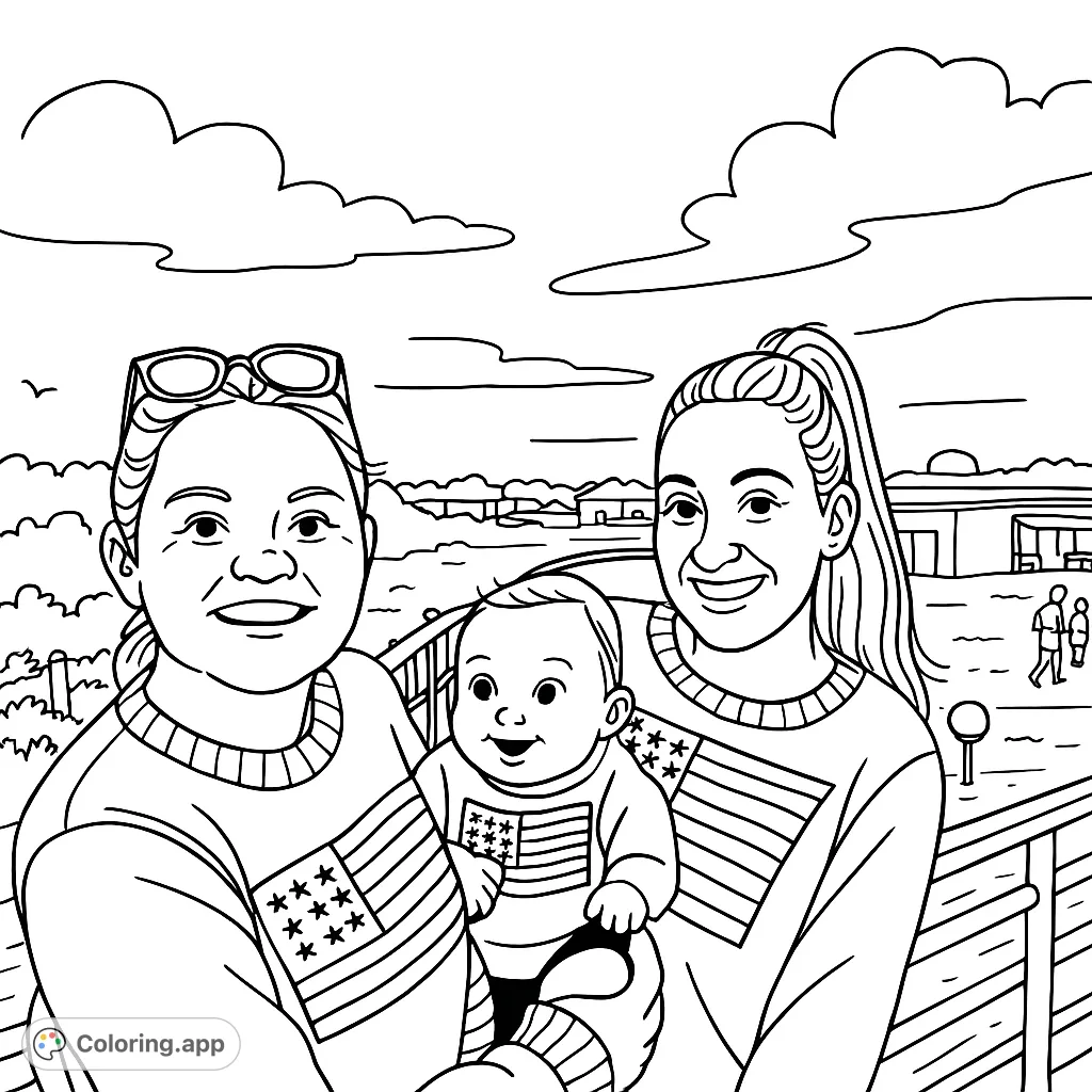 Capture a heartwarming patriotic family moment at the beach with this free printable coloring page. Features two adults and a baby in flag sweaters against a sunset backdrop.