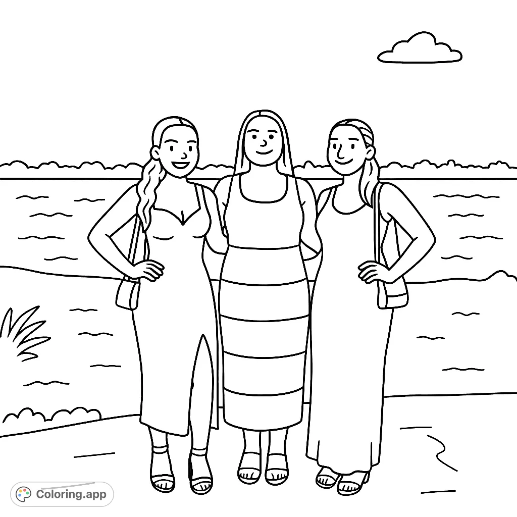 A charming coloring page featuring three friends posing by a scenic waterfront, with distant buildings and a serene sky. Perfect for a relaxing creative session.