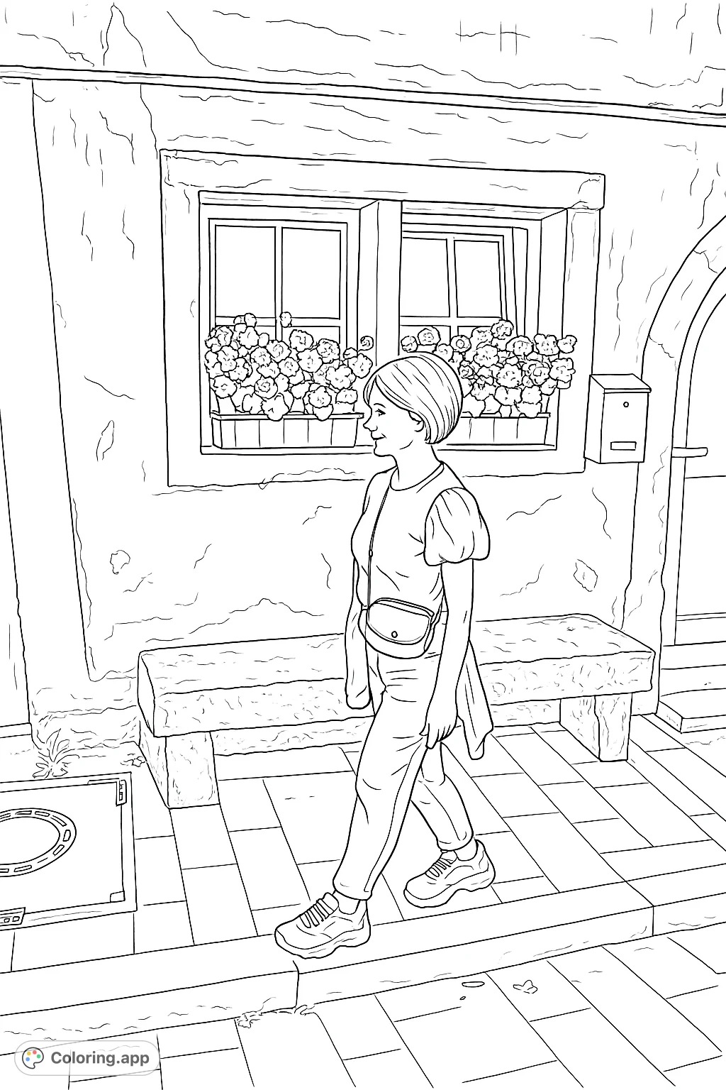 A charming scene of a woman strolling past a historic building adorned with flower-filled window boxes and a weathered stone bench. Perfect for a relaxing coloring session.