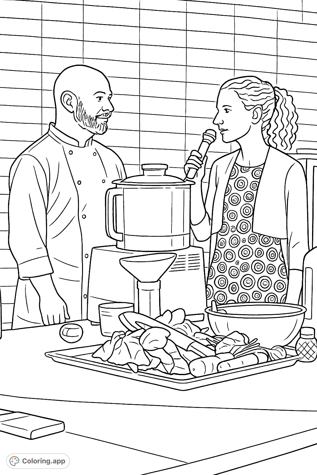 A chef and presenter lead a culinary demonstration, surrounded by kitchen tools and fresh produce. A dynamic cooking scene ready for your creative touch.