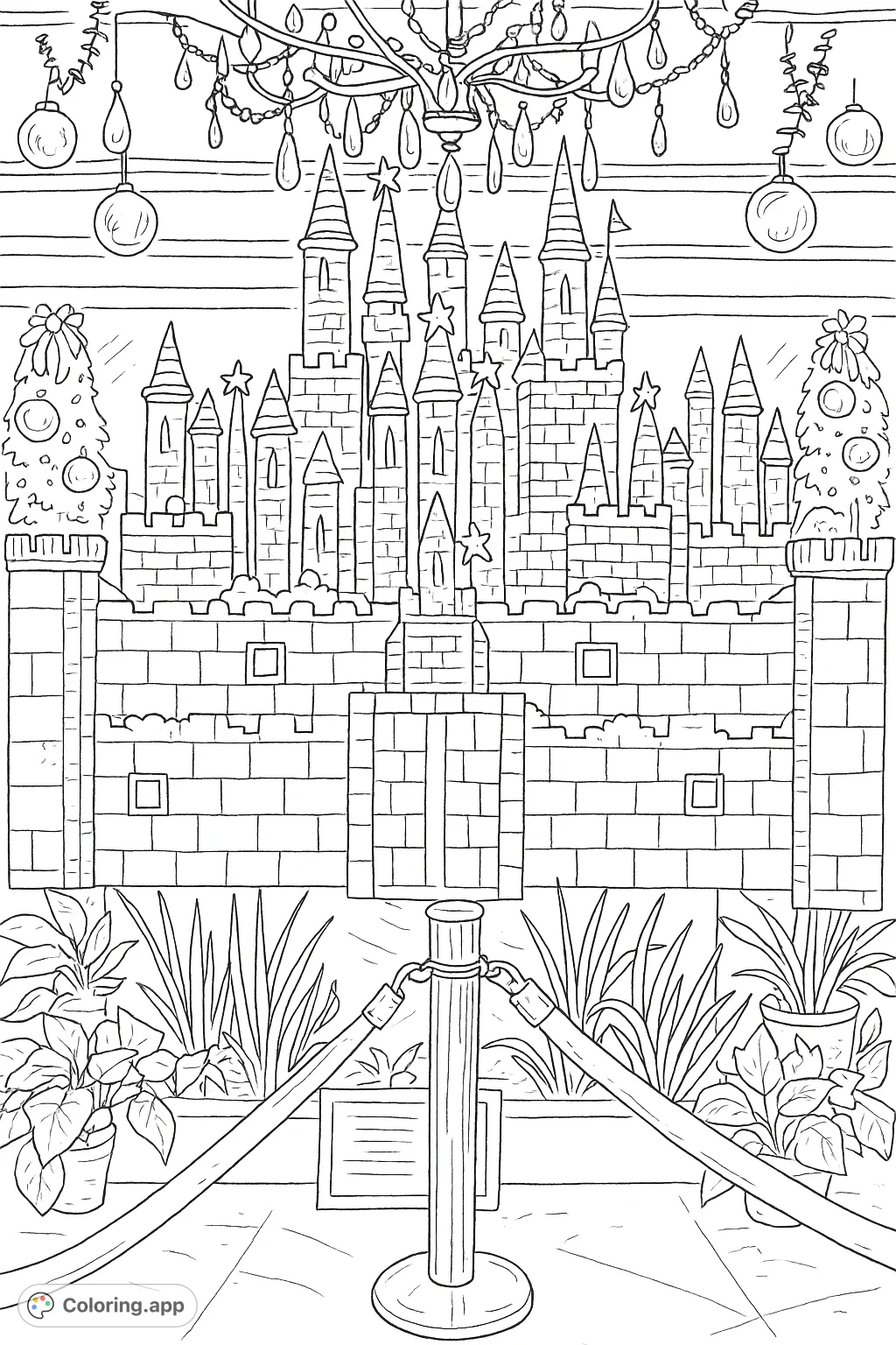 An intricate gingerbread castle coloring page, featuring detailed brickwork, numerous towers, and delicate shell and star decorations, set against a festive backdrop.