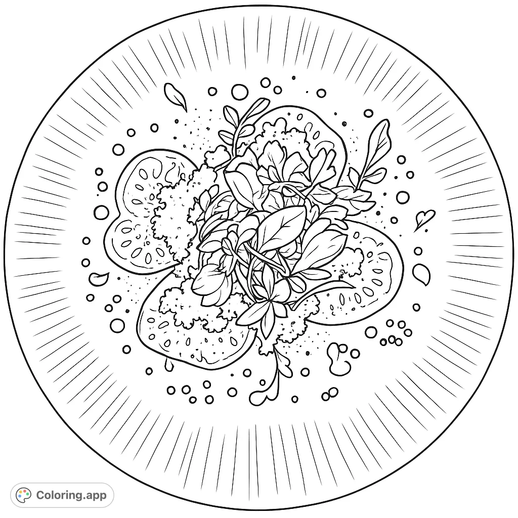 An elegant gourmet dish featuring sliced vegetables, crumbled cheese, fresh greens, and delicate garnishes on a textured plate.