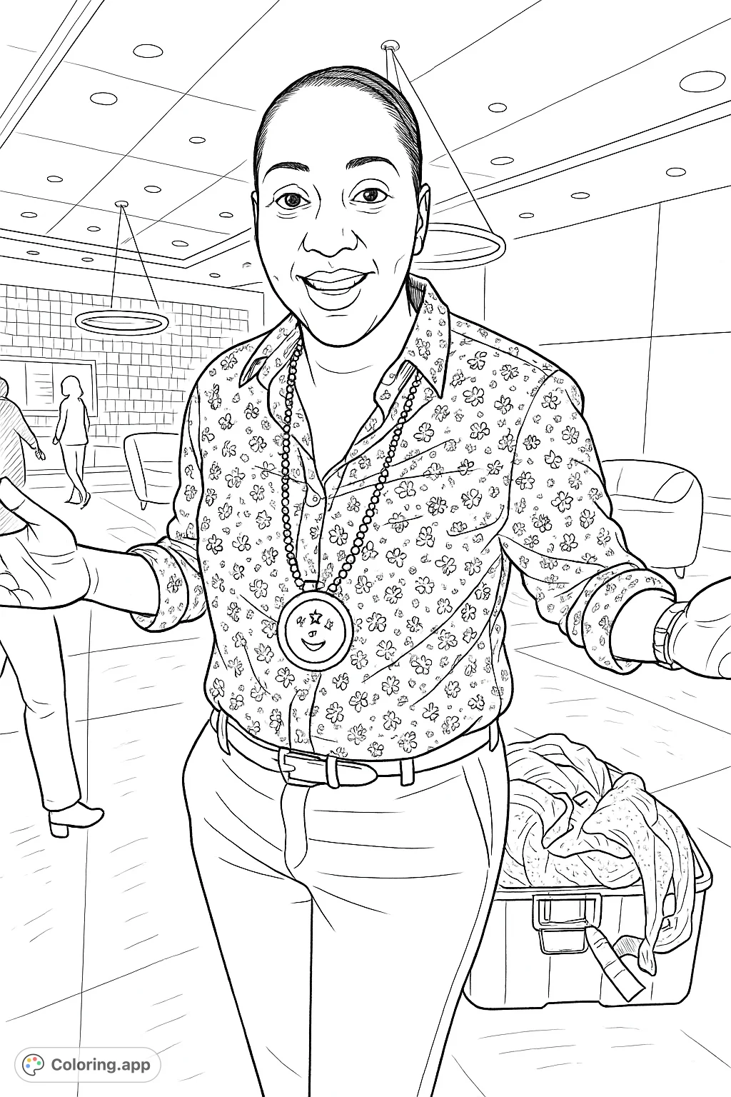 A woman stands in a modern interior, wearing a patterned shirt and a unique glowing pendant. A detailed scene for creative coloring, perfect for all ages.