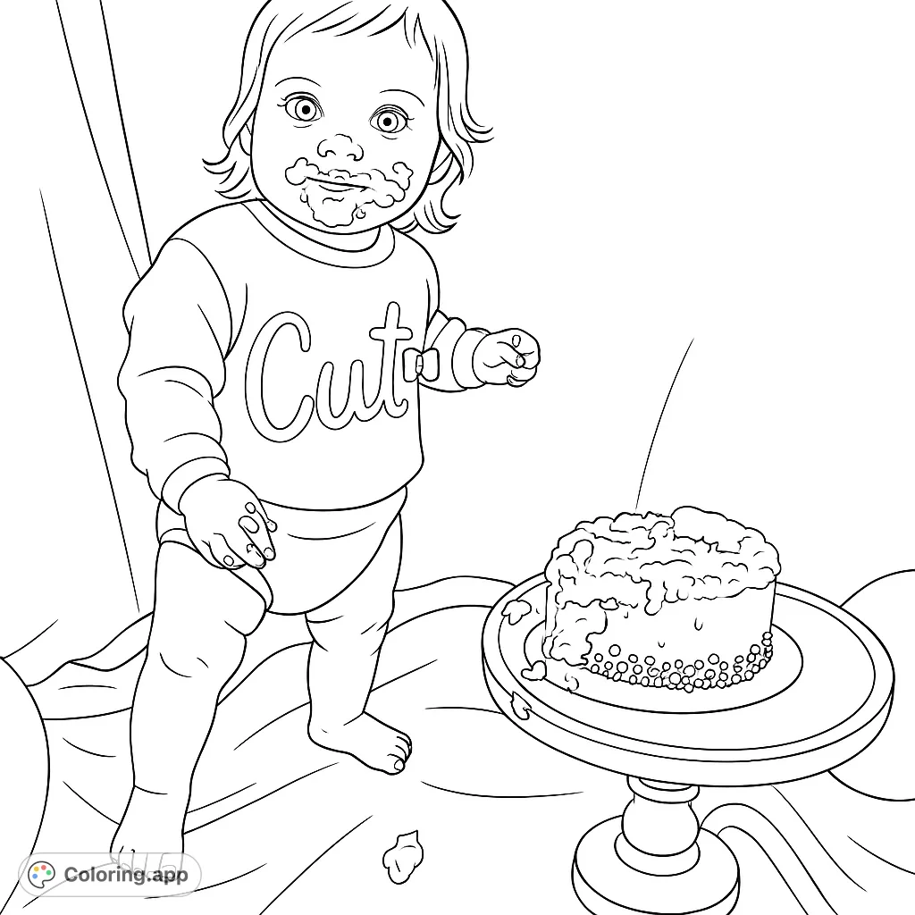 Celebrate a milestone with this adorable baby cake smash coloring page! A joyful child covered in cake, ready for your creative touch. Perfect for kids and adults.